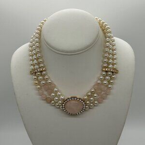 Vintage Faux Pearl & Rose Quartz Triple-Strand Necklace With Rhinestone Accents